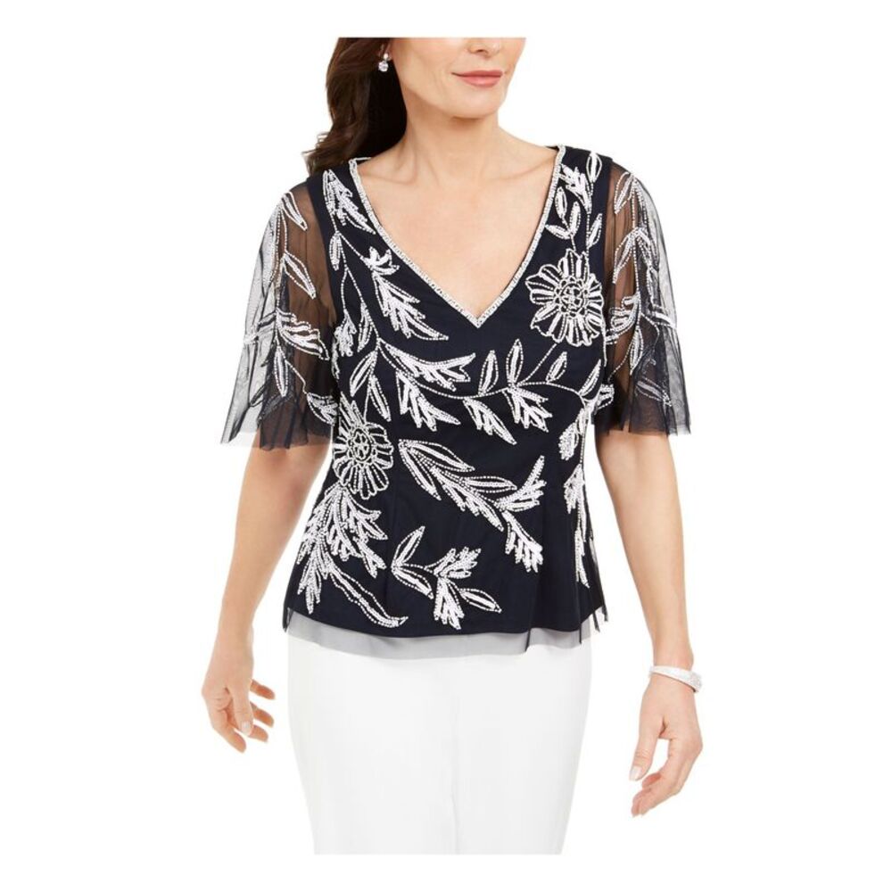ADRIANNA PAPELL Womens Embellished Mesh Flutter V Neck Blouse